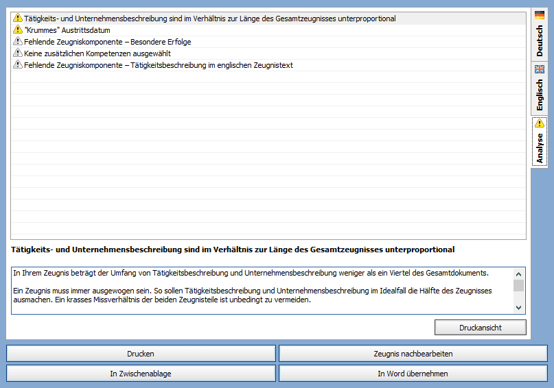 Screenshot Zeugnisanalyse